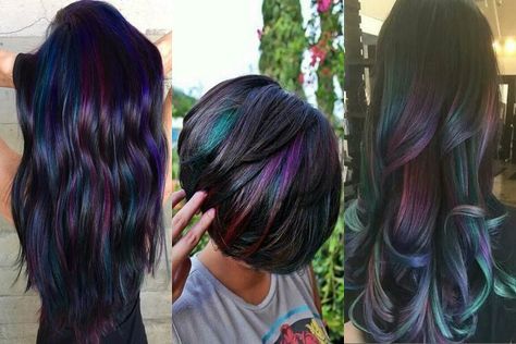 Oil slick hair is the latest trend that is raging on Instagram. See here how you can obtain it yourself right at home with various hair dyes. Oil Slick Hair Color, Hair Color 2017, Oil Slick Hair, Slick Hair, Slicked Hair, Clip Organizer, Peacock Hair, Hair Dyed, Pretty Hair Color