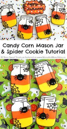 Spider Tutorial, Halloween Cookie Decorating, Cookie Decorating Tutorial, Halloween Sugar Cookies Decorated, Jar Cookies, Easy Halloween Cookies, Candy Corn Cookies, Postres Halloween, Halloween Cookie Recipes