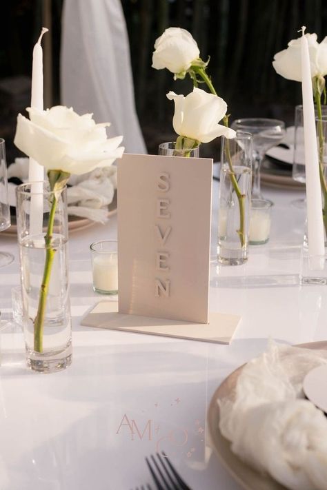 Neutral Wedding Table Numbers, Popular Wedding Decor, Clean Classic Wedding, Neutral Table Numbers, Timeless Wedding Table Numbers, White Table Numbers Wedding, Wedding Table Number Centerpieces, Minimalist Table Numbers Wedding, Wedding Table Number Ideas Elegant