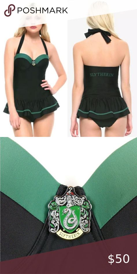 Harry Potter Hot Topic Slytherin Retro Pinup One Piece Halter Skirted Swimsuit Slytherin Crest, Halter Top And Skirt, Harry Potter Slytherin, Bra Support, Skirted Swimsuit, Pinup Style, Retro Pinup, Swimsuit Shops, Pin Up Style