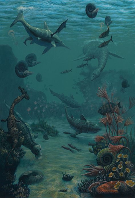 Early Mesozoic Seas by Sean Murtha Mesozoic Era, Cenozoic Era, Prehistoric Sea Creatures, Prehistoric Sea Monsters, Extinct Ocean Animals, Paleozoic Era Illustration, Paleozoic Era Animals, Underwater Animals, Jurassic World Dinosaurs