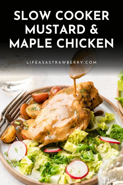 Slow Cooker Maple Dijon Chicken - This simple crock pot recipe uses boneless, skinless chicken breasts or chicken thighs for a cozy weeknight dinner. Mix this easy, creamy mustard sauce together right in the bowl of your slow cooker, then cook! When you’re ready for family dinner, serve this chicken whole or shredded with your favorite salad, pasta, rice, roasted broccoli, or mashed potatoes. Use bone-in chicken if you like! One of our favorite dairy-free meals. Dairy Free Chicken Slow Cooker Recipes, Bone In Chicken Breast Recipes Crock Pot, Slow Cooker Chicken Thighs Boneless, Dijon Chicken Recipes, Maple Dijon Chicken, Chicken Whole, Maple Chicken, Creamy Mustard Sauce, Crockpot Meal