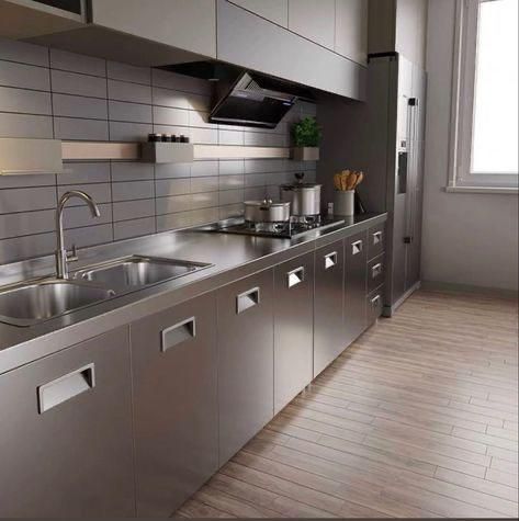 Auxiliary Kitchen, Dapur Kotor, Stainless Steel Kitchen Design, Flat Cabinets, Stainless Steel Fabrication, Commercial Kitchen Design, Steel Kitchen Cabinets, Dirty Kitchen, Stainless Kitchen