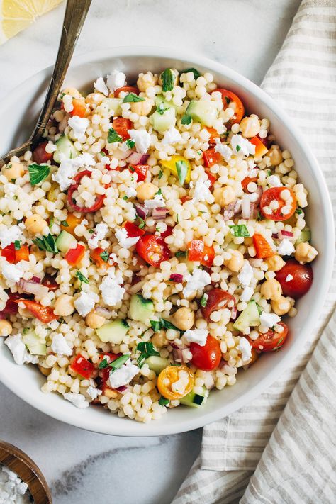 Mediterranean Couscous Salad - Making Thyme for Health Golden Lentil, Turmeric Curry, Mediterranean Couscous Salad, Mexican Rice Casserole, Big Pots, Mediterranean Couscous, Vegan Feta Cheese, Summer Produce, Couscous Salad