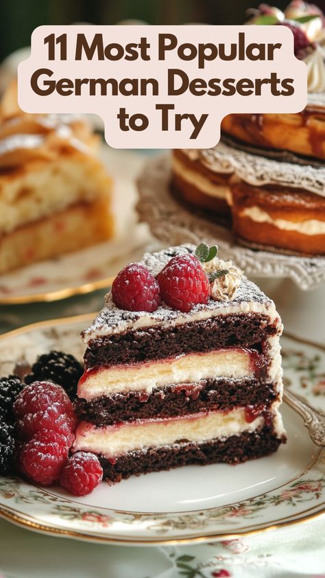 An assortment of popular German desserts, including Black Forest cake and apple strudel, served on elegant plates. German Black Forest Cake, German Cakes Recipes, Traditional German Desserts, German Apple Cake, Strudel Recipes, German Cake, German Desserts, Apple Strudel, Black Forest Cake