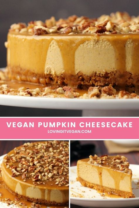 Rich and decadent vegan pumpkin cheesecake packed with flavor and topped with a caramel sauce and crushed pecans! #vegan #dairyfree #nobake | lovingitvegan.com Vegan Cake Recipes Vanilla, Vegan Pumpkin Bars, Vegan Cake Recipes Birthdays, Vegan Cake Frosting, Vegan Cake Pops, Vegan Pumpkin Cheesecake, Vegan Bakes, Cheesecake Decoration, Vegan Pies Recipes