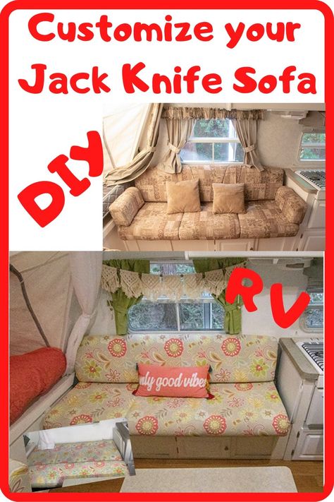 This is a DIY instructions on how I recovered the Jackknife (jacknife) sofa (couch) in my Camper (RV) which is a Hybrid (like a Popup Tent Trailer). I covered the sofa with my own fabric and it turned our great, and is just a small part of our complete redo remodel of the decor in our trailer.  If you would like to do it yourself, you can follow along with this video.  Happy Camping! Camper Sofa Cover, Jackknife Sofa Cover, Rv Jack Knife Sofa Recover, Camper Couch Cover, Rv Couch Cover, Car Upholstery Cleaner Diy, Jack Knife Sofa, Camper Flip, Camper Revamp