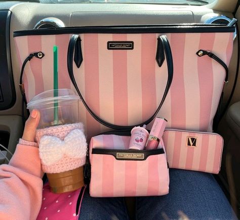 Victoria's Secret Aesthetic, Me Bag, Striped Tote Bag, Pink Lifestyle, Pink Pilates, Purse Essentials, Victoria Secret Tote Bags, Pilates Princess, Handbag Essentials