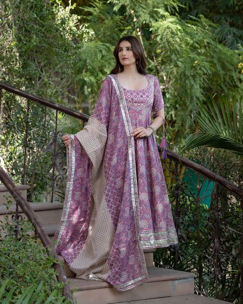 Turn heads this festive season in this beautiful printed LILAC LOVE FLORAL COTTON SUIT SET! Shop more from our latest festive wear collection GUL-BAHAAR🛍️ [Fashion fun, Indian wear, Ethnic wear, Traditional suit sets, Wedding suits, Cotton] #sajilo_official #indianwear #suitsets #festivewear #ethnicwear #lilac #suits #womenswear #traditionalwear #designersuits #shop #navratri #cotton #blockprints #stitched #onlineshopping #instafashion #kurtis Kurti Style, Traditional Suit, Anarkali Dress Pattern, Festive Wear, Anarkali Dress, Suit Set, Designer Suits, Ethnic Wear, Indian Wear