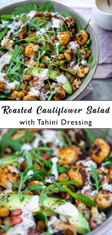 Roasted Veg Salad, Salad With Tahini Dressing, Middle Eastern Salads, Roasted Cauliflower Salad, Cauliflower Salad, Vegetarian Salads, Vegan Salad Recipes, Tahini Dressing, Lunch Salads