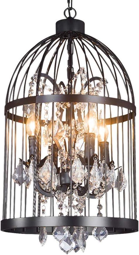 KALRI Industrial Vintage Lighting Crystal Ceiling Chandelier 4 Lights Black Metal Birdcage Chandelier Hanging Pendant Ceiling Lamp Fixture - - Amazon.com Birdcage Chandelier, Retro Chandelier, Cage Chandelier, Vintage Industrial Lighting, Elegant Lighting Fixtures, Bedroom Pendant, Creative Lamps, Cage Pendant Light, Vintage Ceiling Lights