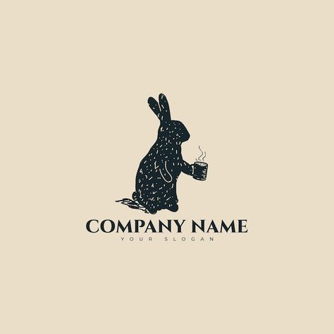 Rabbit Drinking Coffee, Dog Drinking Coffee Drawing, Rabbit Branding, Coffee Cup Logo Design, Vintage Rabbit Illustration, Rabbit Logo Design, Knitting Logo, Logo Rabbit, Logo Design Coffee