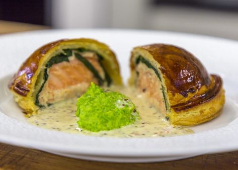 This Salmon Pithier with Pea Puree and Mustard Cream Sauce is a perfect parcel...or a posh pasty! Simple, elegant and so tasty! Savoury Pie, Pea Puree, James Martin Recipes, Mustard Cream Sauce, Butter Pastry, Mother Hen, Homemade Face Cream, James Martin, Christmas Cakes