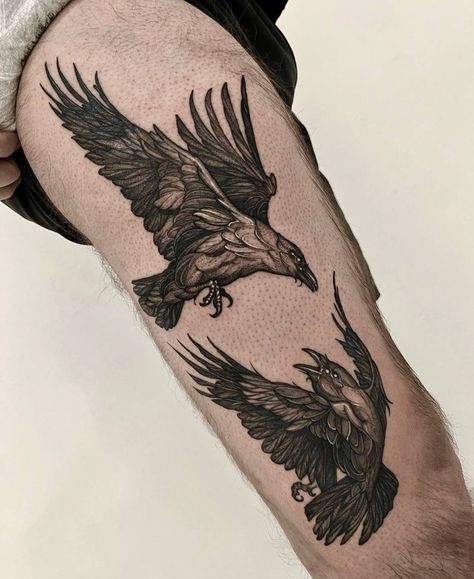 Raven blackwork tattoo Crow Tattoos Men, Raven And Crow Tattoos, Mens Black Tattoos, Owl And Raven Tattoo, Cool Men’s Tattoos, Crow Tattoo Arm, Woodcarving Tattoos, Flying Raven Tattoo, Simple Raven Tattoo