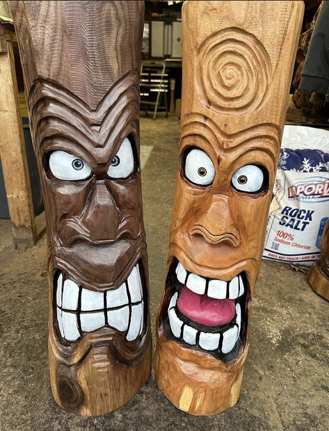 Log Carving, Woodworking Plans Toys, Tiki Faces, Rustic Wood Projects, Tiki Man, Tiki Head, Whittling Projects, Tiki Statues, Alien Artwork