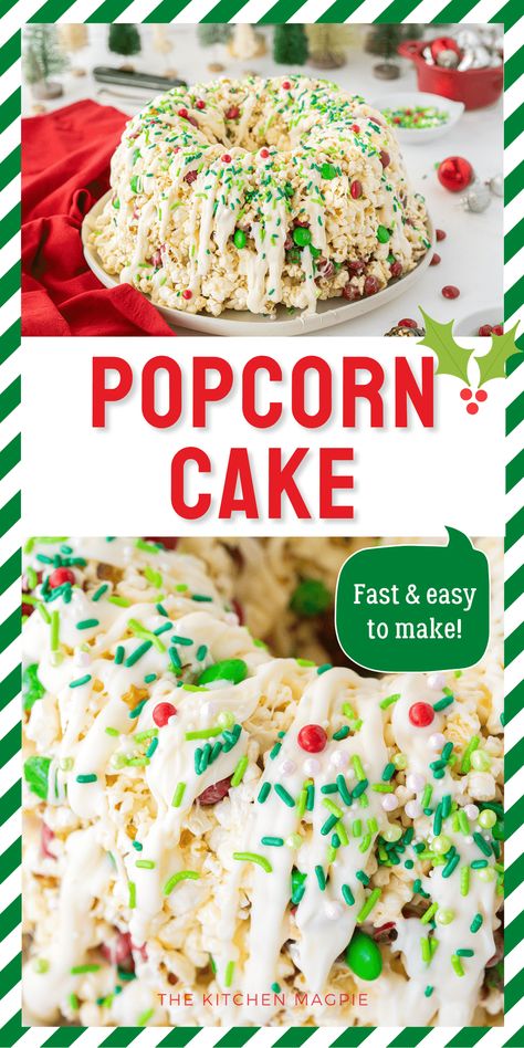 Popcorn Bundt Cake, Candy Cane Popcorn Recipes, Christmas Popcorn Cake, Popcorn Cake Recipe, Popcorn Ideas, Upside Down Apple Cake, Holiday Popcorn, Popcorn Cake, Christmas Popcorn