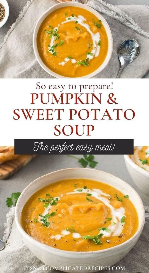 Sweet Potato Pumpkin Soup, Pumpkin Sweet Potato Soup, Sweet Potato Pumpkin, Pumpkin Sweet Potato, Spiced Pumpkin Soup, Golden Bowl, Sweet Potato Soup Recipes, Butternut Soup, Dairy Free Pumpkin