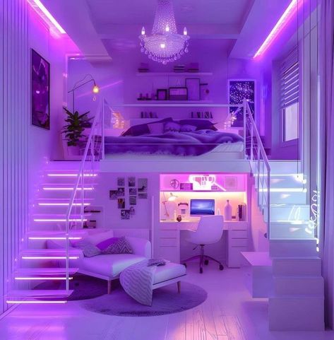 Dream Bedroom Purple, Loft Bed Rooms Decor Aesthetic, Loft Bed Ideas Aesthetic, Futuristic Bedroom, Amazing Bedroom Designs, Neon Bedroom, Cool Room Designs, Dream Bedroom Inspiration, Purple Bedrooms