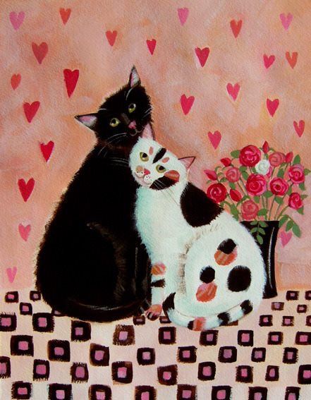 Valentines Cats, Black And White Cats, Folk Art Cat, Cat Art Illustration, Two Cats, Whimsical Cats, Cat Signs, Cat Art Print, White Cats