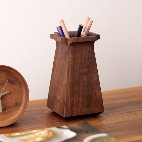 Stylish and Functional Square Pen Holder with Black Walnut Wood Finish - FeelGift Walnut Wood Finish, Wooden Pen Holder, Pencil Storage, Wooden Pen, Black Walnut Wood, The Pen, Black Walnuts, Black Walnut, Pen Holder