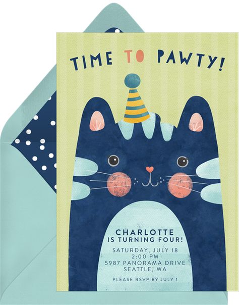 Time To Pawty Invitation in Blue Cat Birthday Party Invitations, Cat Birthday Invitations, Third Birthday Girl, Cat Invitations, Cat Themed Parties, Drawing Funny, Diy Birthday Invitations, Greeting Card Inspiration, Birthday Illustration