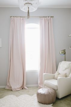 Petal Pink Drapes in a Baby Girl Nursery - loving this simple, yet glam look! Girls Room Curtains, Pink And Gray Nursery, Trendy Baby Nursery, Pink Curtains, Nursery Curtains, Grey Nursery, Floral Nursery, Pink Nursery, Project Nursery