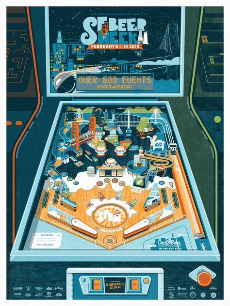 Vintage Arcade Pinball Machine illustration for the SF Beer Week 2015 poster. Illustration & Design by Gamut in San Francisco, CA. SF Beer Week is an annual craft beer festival celebrating the rich brewing in heritage in the San Francisco bay area. Pinball Machine Illustration, Arcade Machine Illustration, Pinball Illustration, Poster Illustration Design, Go Board Game, Machine Illustration, Pinball Art, Grid Board, Beer Decorations