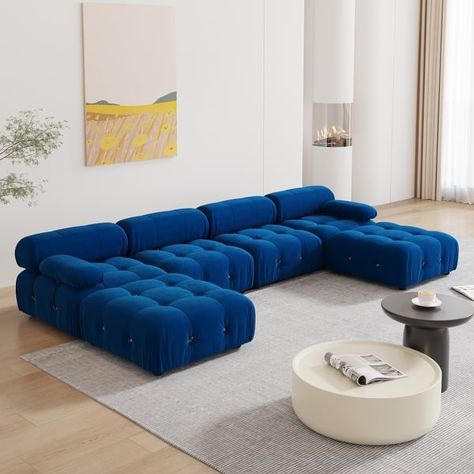 Blue Velvet Upholstered Sectional Sofa - On Sale - Bed Bath & Beyond - 39496554 Sectional Sofa Bed, Mid Century Modern Sectional Sofa, Blue Sectional, Basement Furniture, Home Goods Furniture, Modular Couch, Living Room Sofa Design, Blue Sofa, Upholstered Sectional