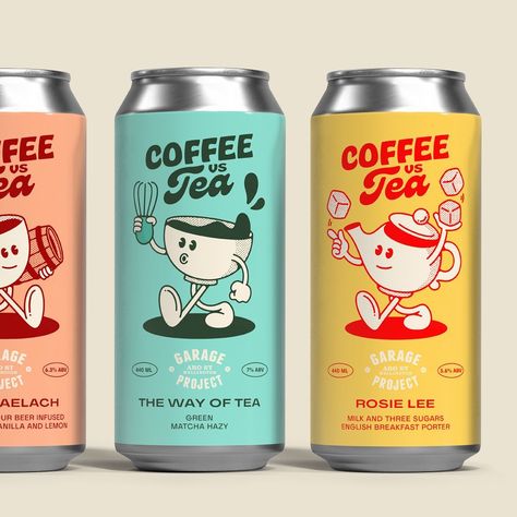 Garage Project: Coffee Vs. Tea's Perfectly Upbeat Label Designs - DIELINE Coffee Can Packaging, Cereal Packaging, Coffee Vs Tea, Tea Labels, Coffee Pack, Tea Packaging Design, Lazy Morning, Small Business Inspiration, Hard Seltzer