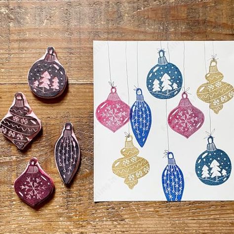 Different Christmas Trees, Diy Stamps, Print Christmas Card, Christmas Forest, Hand Carved Stamps, 12 December, Christmas Stamps, Christmas Ball, Stamp Making