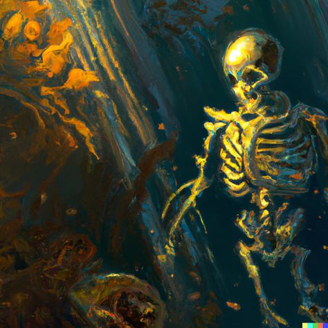 A melancholic, golden skeleton, its figure glowing with a warm, lustrous light, standing alone amidst the crumbling ruins of an ancient, Golden Skeleton, Skeleton Drawing, Standing Alone, Skeleton, Make It, Canning, Ruins