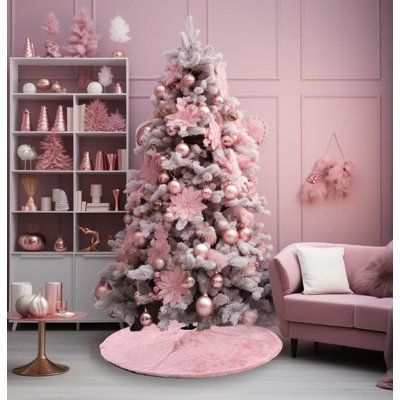 The shiny faux fur tree skirt uses premium double fabric material and measures 48 inches. It's soft and warm, making it a favorite spot for pets in winter. SAPESHA Color: Pink Shiny | SAPESHA 48-Inch Plush Faux Fur Christmas Tree Skirt - Adorable for Merry Christmas Party Decor Faux Fur in Pink Shiny | 48" W | Wayfair Pink And White Christmas Tree, Sequin Snowflake, Fur Christmas Tree Skirt, Faux Fur Christmas Tree, Fur Christmas Tree, Pink Christmas Tree Decorations, Joy Decorations, Faux Fur Tree Skirt, Snowflake Christmas Tree