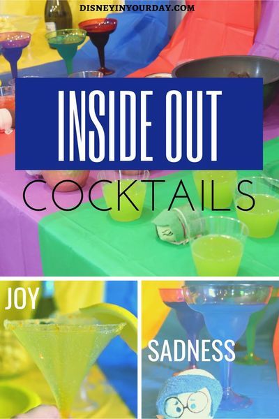 Inside Out cocktails - Disney in your Day. Recipes for 5 fun cocktails inspired by the different emotions in Pixar's Inside Out! Inside Out Dinner And A Movie, Disney Themed Drinks, Midori Cocktails, Disney Cocktails, Themed Cocktails, Disney Inspired Food, Blue Margarita, Disney Drinks, Disney Dinner