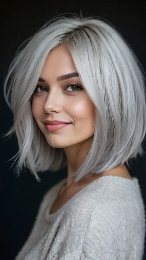 50 and Fabulous: 15 Striking Grey Bob Hairstyle Inspirations - Cheerful Talks Side Bang Bob Haircut, Silver Hair Bob Haircut, Curtain Bangs With Bob Haircut, White Bob Haircut, Grey Hair Long Bob, Shoulder Length Gray Hair, Curtain Bangs Bob, Silver Bob, Short Grey Haircuts