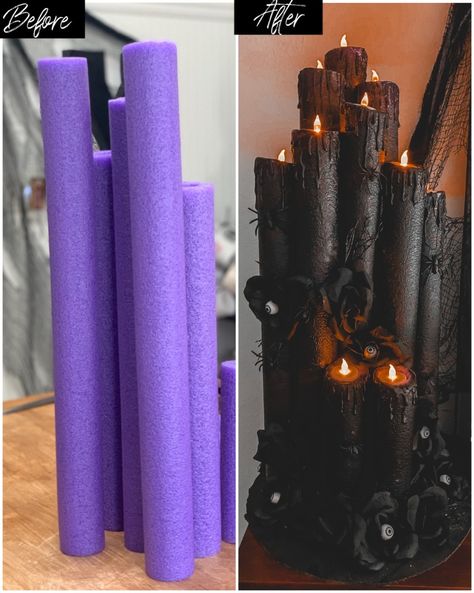 Fake Candles Diy, Pool Noodle Candles, Pool Noodle Halloween, Halloween Candles Diy, Spooky Halloween Candles, Giant Candles, Pool Candles, Halloween Candlesticks, Strašidelný Halloween