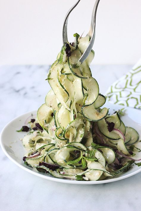 Cucumber Ribbon Salad with Garlic Tahini Dressing Cucumber Ribbon Salad, Dill Cucumber Salad, Raw Salads, Dill Cucumber, Ribbon Salad, Cucumber Salads, Easy Cucumber Salad, Cucumber Dill Salad, Homemade Tahini