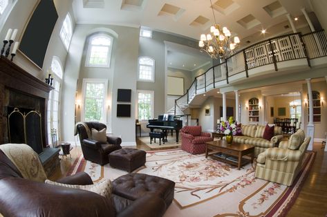 Huge living room with grand piano, large rug, huge fireplace and separate sitting area Wood Living Room Decor, Simple Living Room Designs, Baby Grand Piano, Living Room Center, Small Living Room Design, Small Living Room Decor, Simple Living Room, Living Room Ceiling, Grand Piano