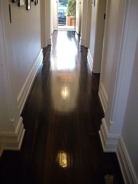 Dark polished timber floors and large skirts - perfect Dark Floorboards, Dark Walnut Floors, Dark Timber Flooring, Dark Timber Floors, Timber Floor, Timber Floors, Walnut Floors, Dark Floors, House Of Turquoise