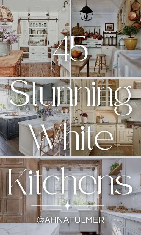 Scroll through this gallery of 45 stunning white cabinet kitchen ideas, and start designing your dream kitchen. Tap on this pin to get this listand more with Ahna Fulmer // ahnafulmer.com #kitchen #kitchencabinets #whitekitchen Vintage White Kitchen Ideas, Pictures Of Kitchens With White Cabinets, Farmhouse White Kitchen Ideas, Off White Kitchen Ideas, White Farmhouse Cabinets, White Kitchen Cabinet Colors, White Cabinet Kitchen Ideas, Kitchen Ideas With White Cabinets, Kitchen Interior White