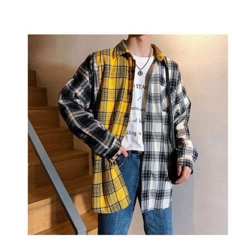 Jean Jacket Men, Streetwear Shirts, Harajuku Outfits, Plaid Shirt Men, Mens Fashion Fall, Button Up Long Sleeve, Mens Joggers, Street Wear Urban, Japan Fashion