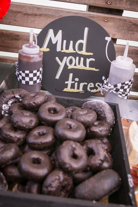 Muddy tire donuts from a Monster Truck Birthday Party on Kara's Party Ideas | KarasPartyIdeas.com (23) Monster Truck 3rd Birthday Party Ideas, Jeep Party Ideas Birthdays, Jeep Birthday Party Ideas, Jeep Party Ideas, Jeep Birthday Party, Monster Jam 3rd Birthday Party Ideas, Atv Birthday Party Ideas, Tire Themed Birthday Party, Monster Truck Donut Party