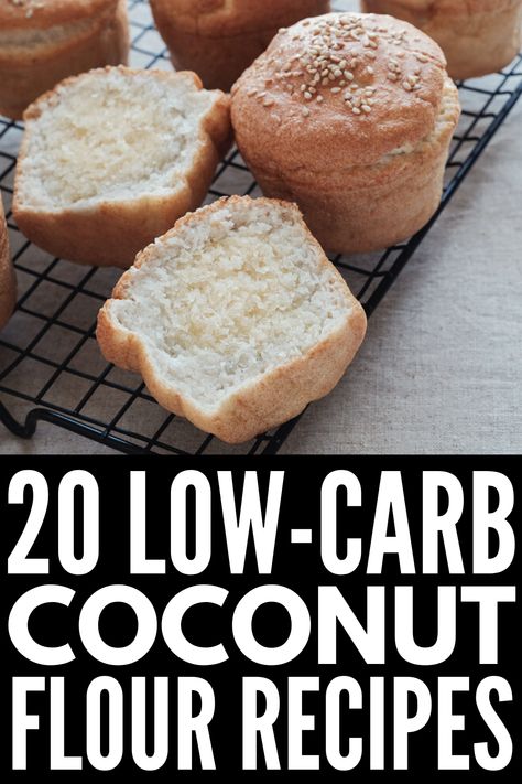 20 Guilt-Free Low Carb Coconut Flour Recipes | From breakfast pancakes and muffins, to bread, cookies, mug cakes, and other desserts, to coconut shrimp, chicken tenders, and dinner biscuits, these coconut flour recipes are healthy, gluten-free, nut-free, dairy-free, and keto-approved! Some are only 3 ingredients, and all of them are easy and delicious! #ketorecipes #coconutflour #coconutflourrecipes Keto Recipes Using Coconut Flour, Easy Coconut Flour Recipes, Low Carb Coconut Flour Recipes, Low Fodmap Low Carb Recipes, Keto Muffins Coconut Flour, Recipes With Coconut Flour, Coconut Flour Keto Recipes, Keto Coconut Flour Recipes, Chicken Flour Recipe