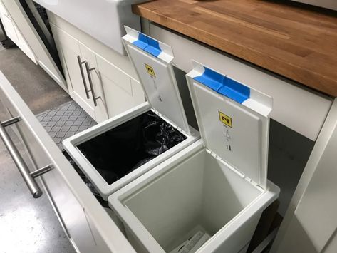 A touchless trash can with this one quick fix - IKEA Hackers Under Counter Trash And Recycling, Garbage Drawer Kitchen, Kitchen Island Trash Storage, Hidden Trash Can Kitchen, Sektion Cabinets, Ikea Office Furniture, Ikea Sektion Cabinets, Hide Trash Cans, Corner Kitchen Sink