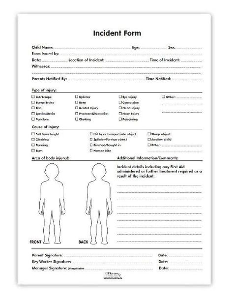 Every child care organization must have an accident/injury report for children to properly document an accident or injury that may have occurred. The reasoning for documenting this is to show the parents exactly what had happened and when in great detail. The center may also keep a copy for their records so that if they ever need to know something about a child's record, it is properly documented there. Daycare Paperwork, Preschool Forms, Daycare Printables, Daycare Schedule, Daycare Contract, Daycare Rooms, Daycare Organization, Incident Report Form, Home Childcare