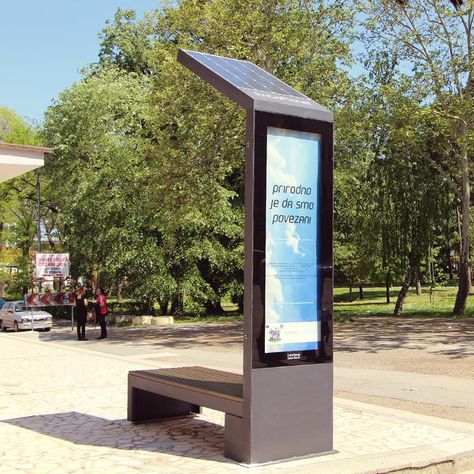 EnGoPlanet Smart Solar Bench is designed to be an important addition to the Smart City concept. One of the main parts of the Smart City concept is in the fields of energy management, resilience and efficiency. #smartsolarbenches #solarbench #smartbench #iot #smartcity #smartsolarbench #sensors #solarenergy #microgrid Signpost Design, Solar Thermal Energy, Solar Charging Station, Digital Kiosk, Traditional Benches, Wayfinding Signage Design, Way Finding, Wayfinding Design, Exterior Signage