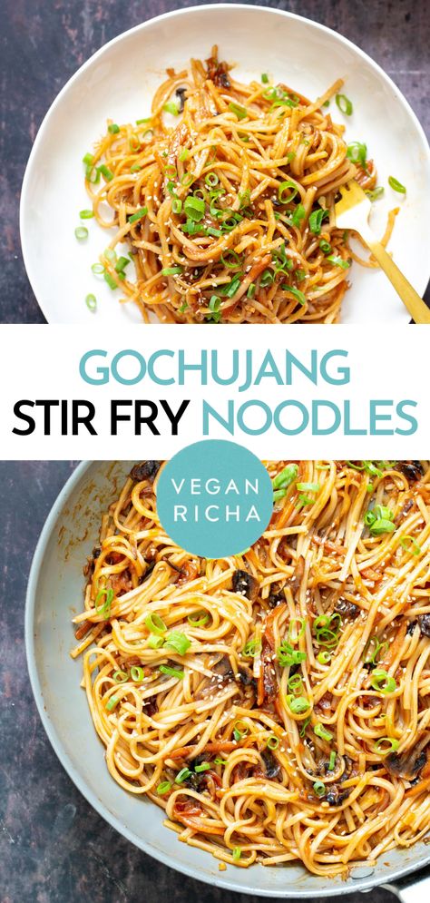 Vegan Asian Noodles, Asian Noodles Stir Fry, Asian Chili Garlic Sauce, Gochujang Noodles, Vegan Noodles Recipes, Vegan Entree Recipes, Gochujang Recipe, Noodles Stir Fry, Fry Rice