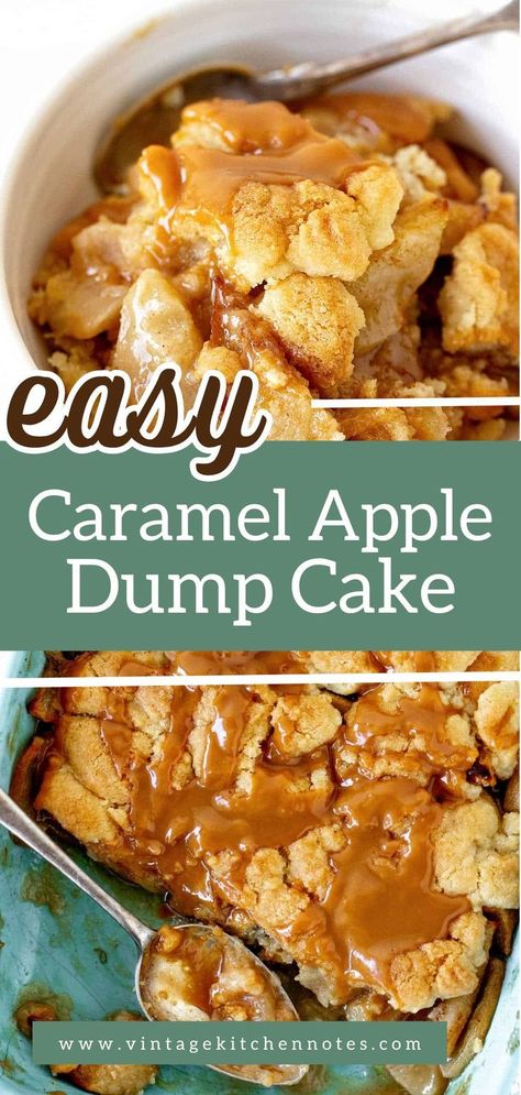 This easy dessert recipe has wonderful warm flavors: caramel, cinnamon and apples. Also called apple cobbler with cake mix, it's like a sweet casserole dish with a layer of apple pie filling and the easiest 2-ingredient topping. A delicious fall dessert everyone will rave about, guaranteed. Caramel Apple Cobbler Recipe, Caramel Dump Cake, Apple Dump Cake With Pie Filling, Apple Pie Filling Desserts, Sweet Casserole, Caramel Apple Pie Filling, Apple Cobbler Easy, Pie Filling Desserts, Apple Pie Desserts