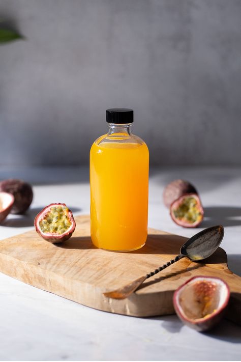 Passion Fruit Simple Syrup Recipe - Moody Mixologist Fruit Simple Syrup Recipe, Fruit Simple Syrup, Fruit Syrup Recipe, Moody Mixologist, Banana Syrup, Shrub Recipe, Simple Syrup Recipe, Simple Syrups, Fruit Syrup