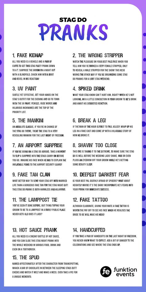 Trick the stag or any of the lads with this list of hilarious stag do pranks. Whatever stag weekend you have planned make it something to remember by stitching everyone up. You and the lads will be in stitches from the pranks you pull on the bachelor party. #stagdopranks #stagpranks #stagdo #stagdoideas #stagweekend #stagdogames #bachelorparty Groom Bachelor Party Games, Forfeit Ideas, Stag N Doe Prizes, Stag Doe Games, Stag Do Ideas, Stag Do Games, Groom Bachelor Party Ideas, Bachelor Party Games For Men, Mens Bachelor Party Ideas