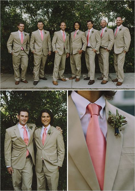 Tan Suit Pink Shirt, Coral Groomsmen Attire, Peach Groomsmen, Blush Groomsmen, Fall Groomsmen, Mismatched Groomsmen, Tan Suit Wedding, Tan Bridesmaids, Lavender Wedding Colors